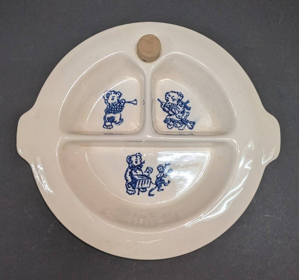 Vintage Excello Warming Hot Water Plate Children Teddy Bear Blue White Porcelain